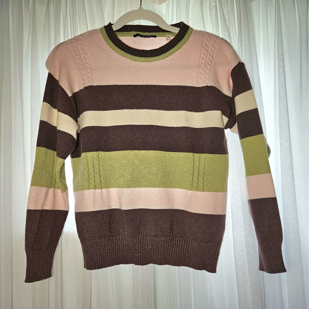 T Tahari Brown and Pink Crewneck Sweater with Stripes